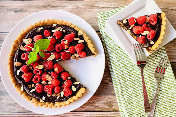 Chocolate Chip Cookie Crust top with Chocolate, Raspberries and Almonds