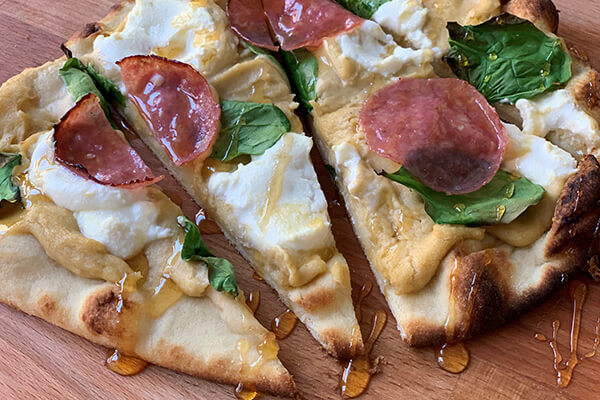 Salami, Ricotta and Spinach Hummus Flatbread