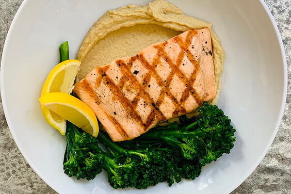 Grilled Salmon & Broccolini Hummus Bowl